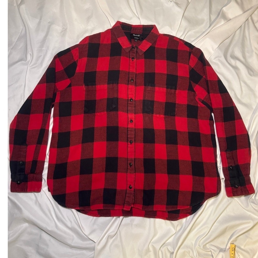 Madewell Oversized Flannel Shirt Womens Large Red Black Buffalo Plaid Streetwear